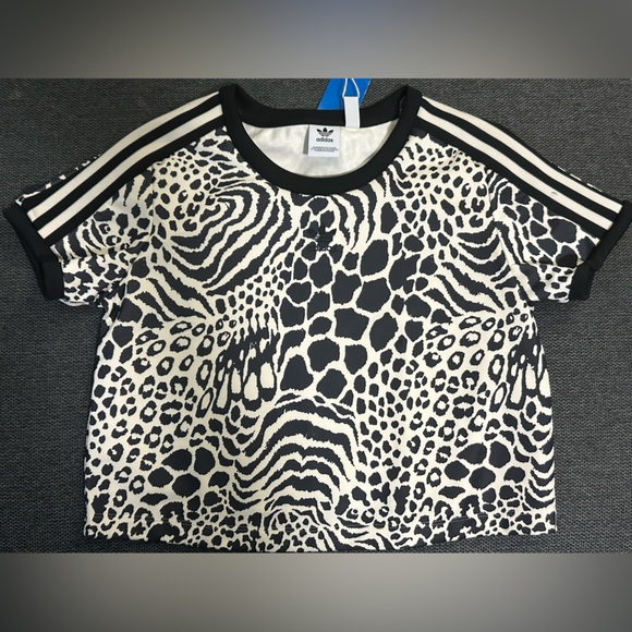 Adidas Originals 3-Stripes Animal Print Cropped Tee Ecru/Black Size S NWT - Picture 4 of 12